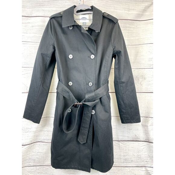 Old Navy Jackets & Blazers - Old Navy Black Trench Coat Long Jacket Buckle Belt Double Breasted Button M